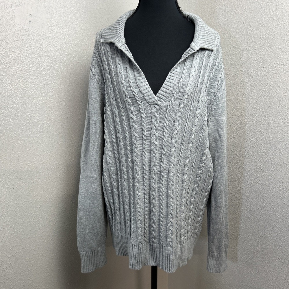 Talbots Pullover Sweater Women's XL Gray V-Neck Cable Knit Collared Cotton‎